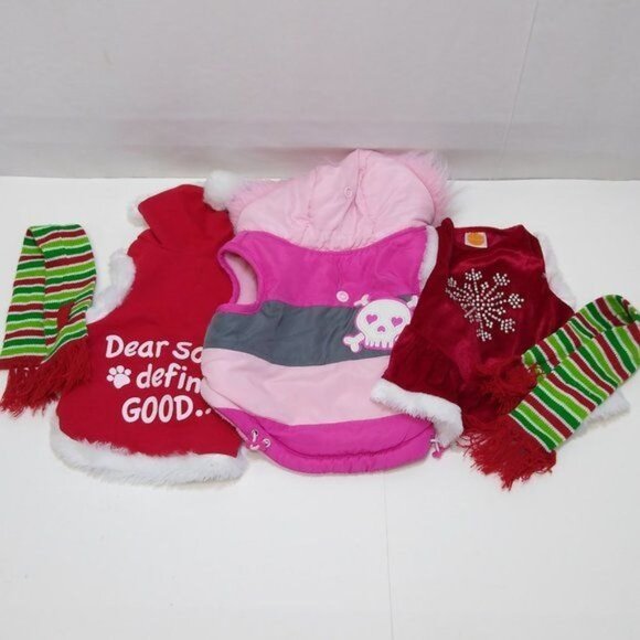 Simple Dog Christmas Outfits Small Dog Puffer Hoodie Snowflake Skirt Scarfs EUC - Picture 1 of 15